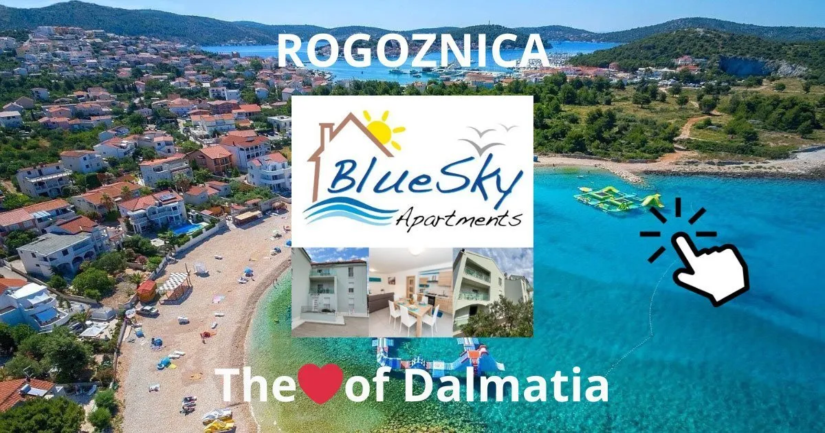 Blue Sky Holiday Apartments logo with Rogoznica's beach in the background